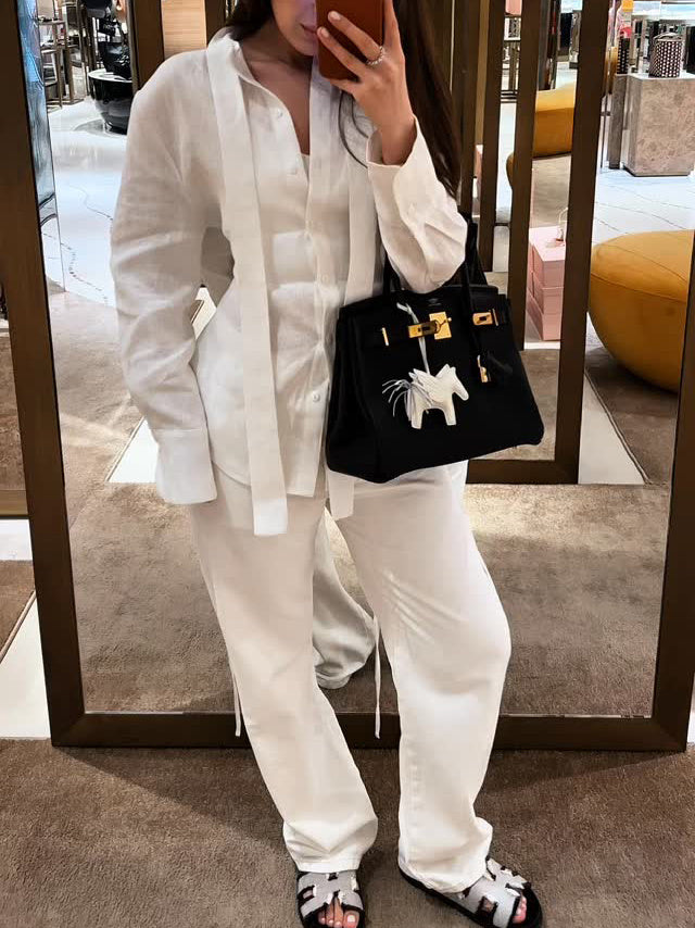 White Linen Tie Long Sleeve Shirt