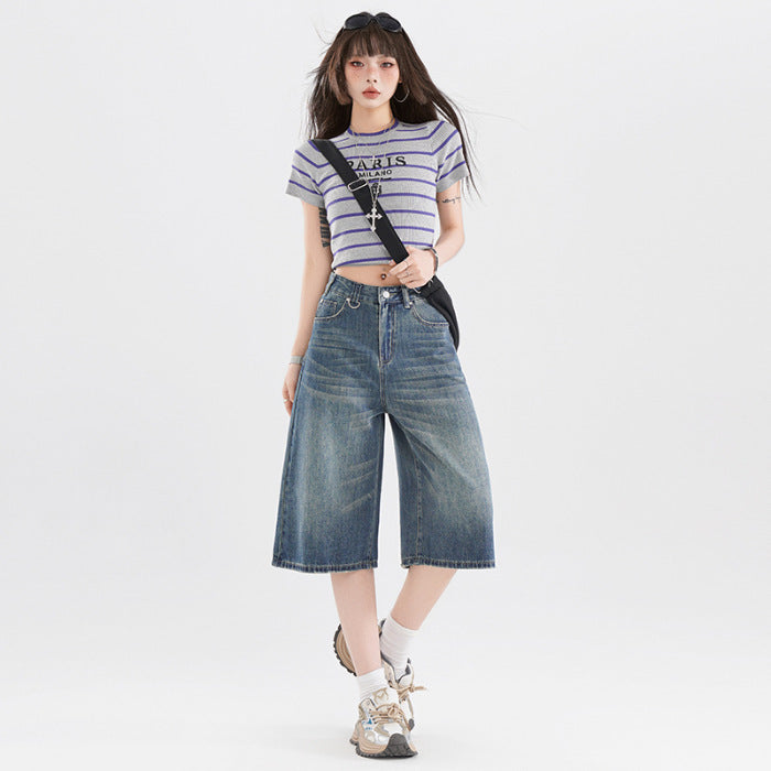 Women's American-style Retro High Street Denim Cropped Pants Summer