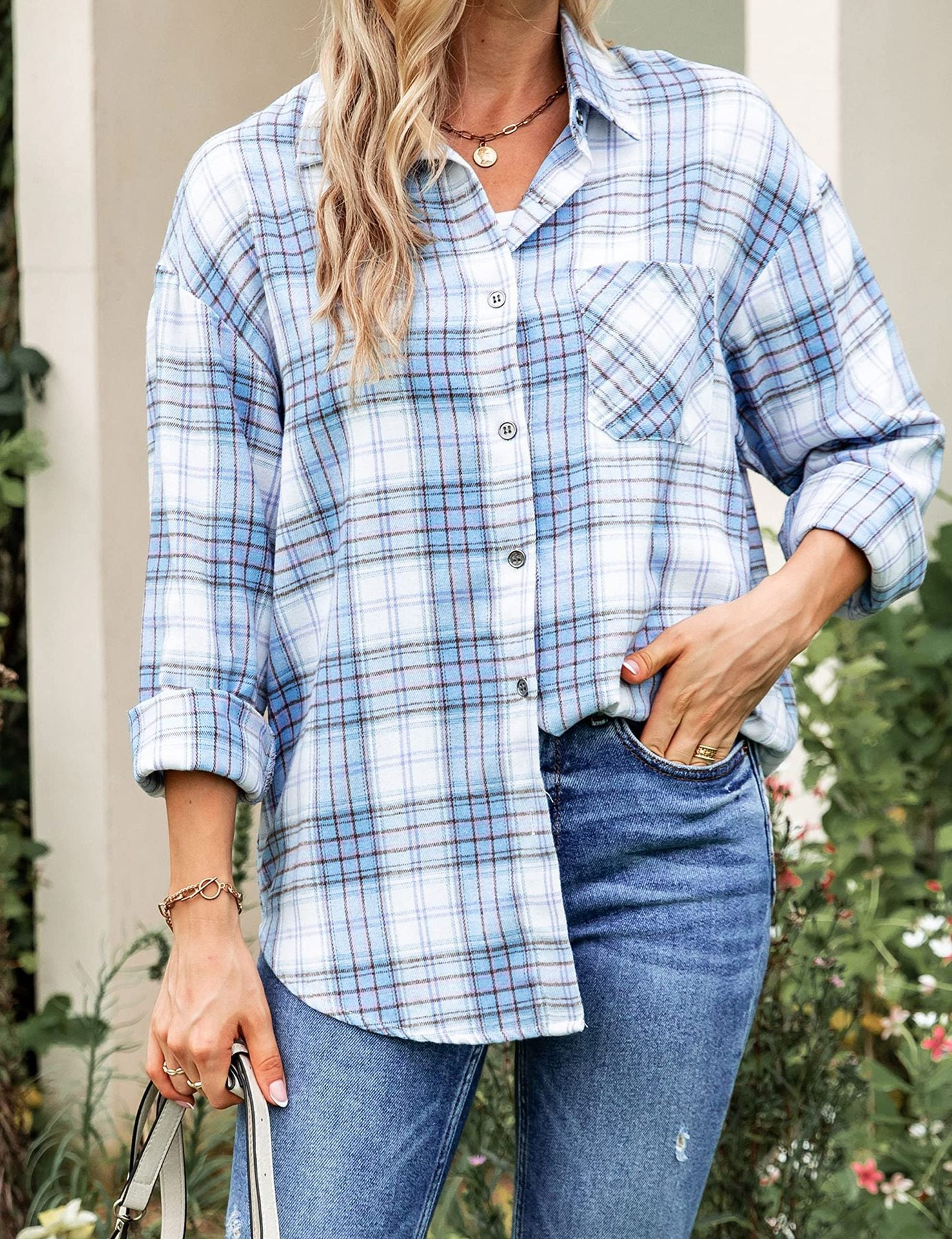 Plaid Long Sleeve Pocket Button Shirt Mid-length