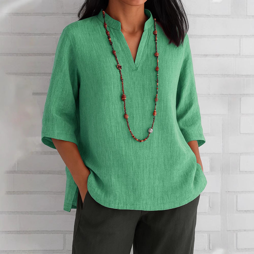 Summer Women's Clothing V-neck 34 Sleeves Cotton And Linen Loose Casual Shirt