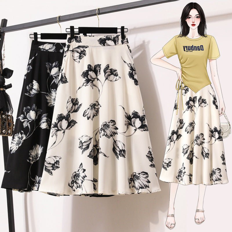 Plus Size Ice Silk Chiffon Women's Fashion Ink Painting Printing High Waist Skirt
