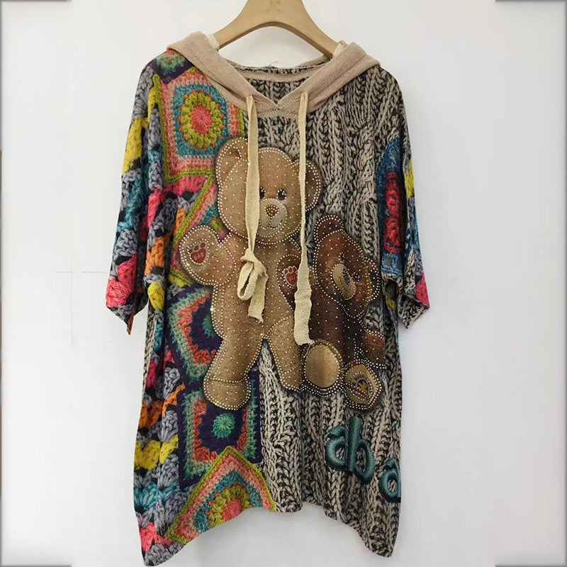 Diamond-embedded Design Printed Women's Loose Sweater Top