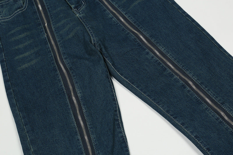 High Street Fashion Brand Long Zipper Vibe Style Deconstructed Washed Distressed Jeans