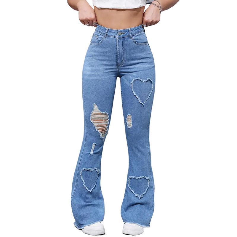 Washed Casual Heart-shaped Ripped Stretch Flared Jeans