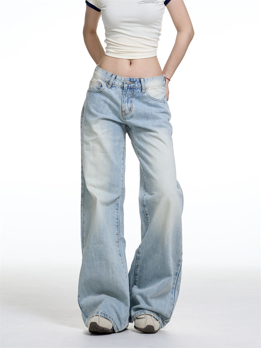 American Retro Washed Wide Leg Jeans Women's Low Waist Loose Straight
