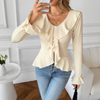V-neck Flounce Slim Fit Slimming Top T-shirt For Women